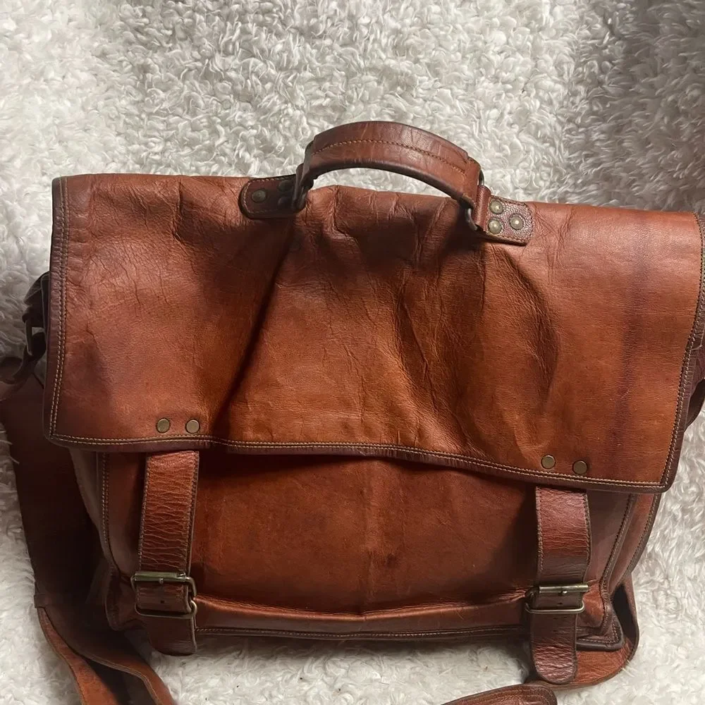 Komal's Passion  Leather distressed tan Messenger Commuter large Shoulder Bag